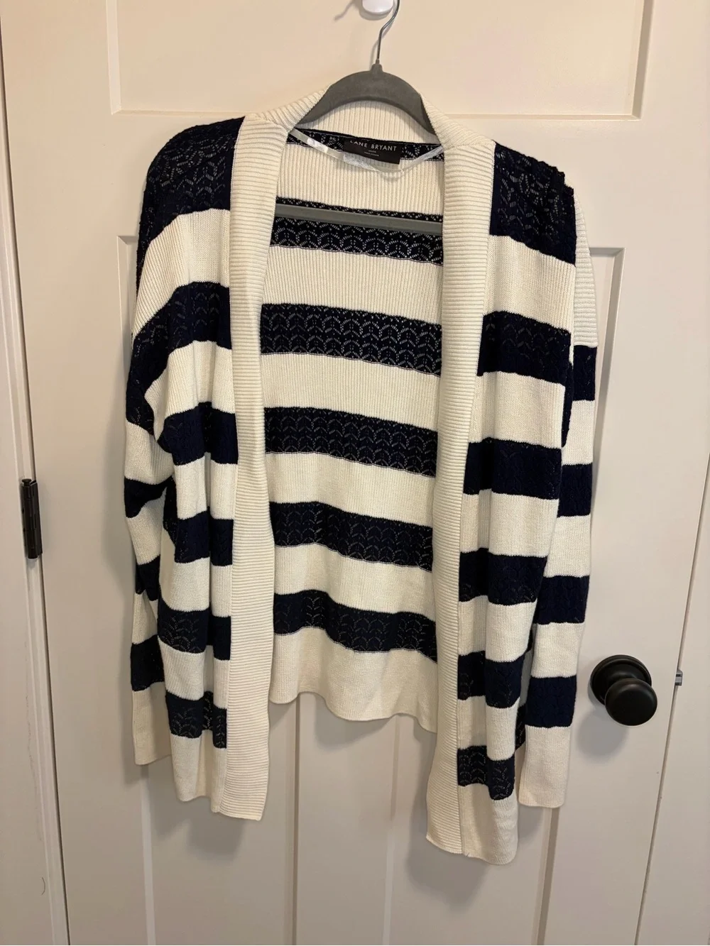 Lane Bryant Open Front Striped Lace Knit Cardigan - Ivory & Navy